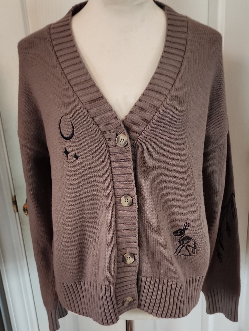 Disturbia Taupe Embroidered V-Neck Button Cardigan Sweater
